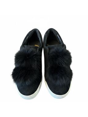 Sam Edelman Leya Sneakers Size 10 Black Slip On Faux Fur Pom Pom Platform